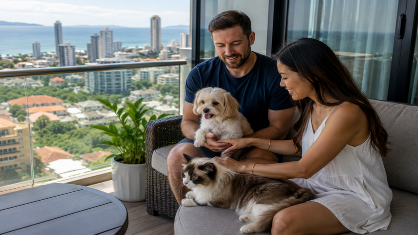 A pet owner relaxing inside a modern Pattaya condominium with a small dog and cat, illustrating the challenges and considerations of finding pet friendly condo rentals in Pattaya.